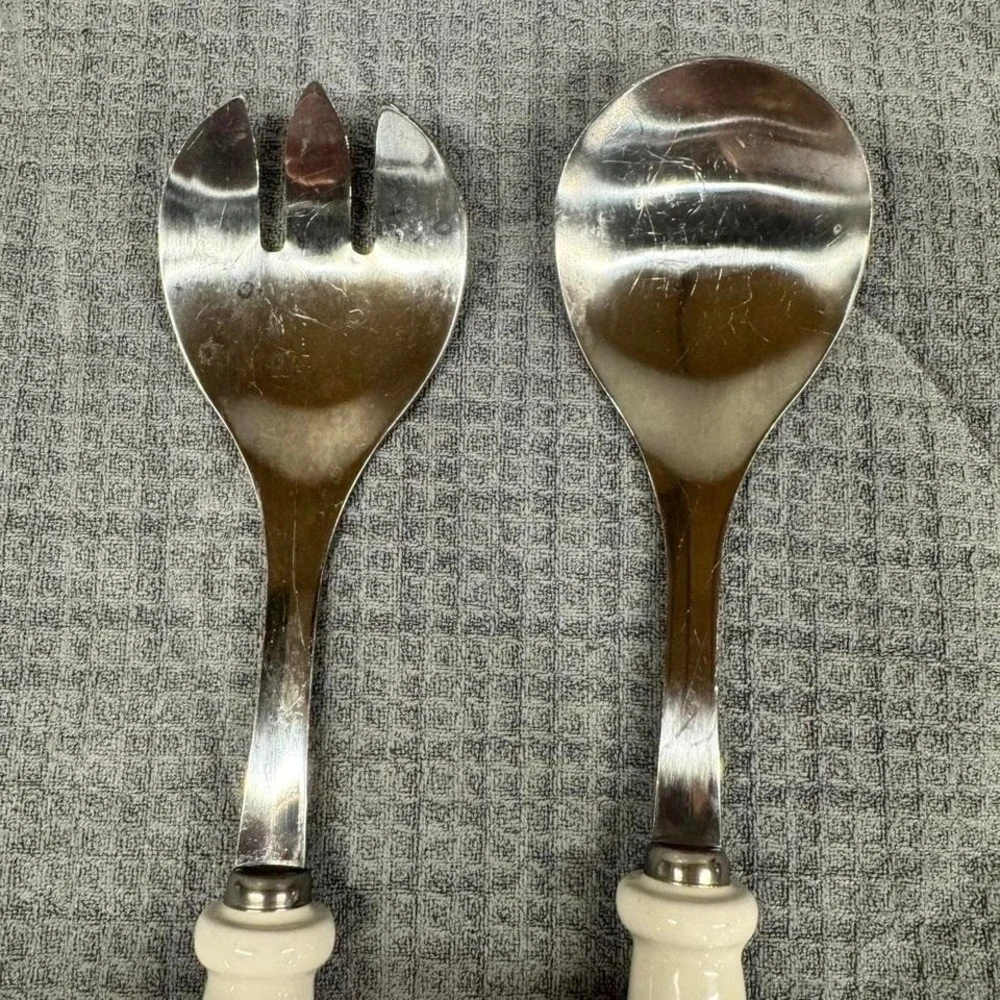 Rae Dunn Toss Serve Salad Serving Utensils White Ceramic Handle Farmhouse